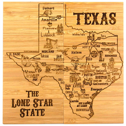 Four square bamboo coasters pushed together to show entire Texas map and attractions artwork engraved across all coasters