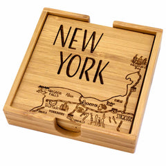 Introducing the Totally Bamboo 4-Piece New York Puzzle Coaster Set with Case, featuring a laser-engraved artwork of New York's map. This unique coaster set highlights cities and landmarks such as Albany, Buffalo, Syracuse, and Niagara Falls, along with a sketch of the Statue of Liberty.