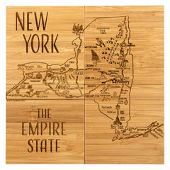 A bamboo cutting board intricately designed in the shape of New York State showcases laser-engraved city names and landmarks including New York City, Buffalo, and the Adirondacks. It features the text "NEW YORK THE EMPIRE STATE." It's an ideal addition to your Totally Bamboo 4-Piece New York Puzzle Coaster Set with Case.