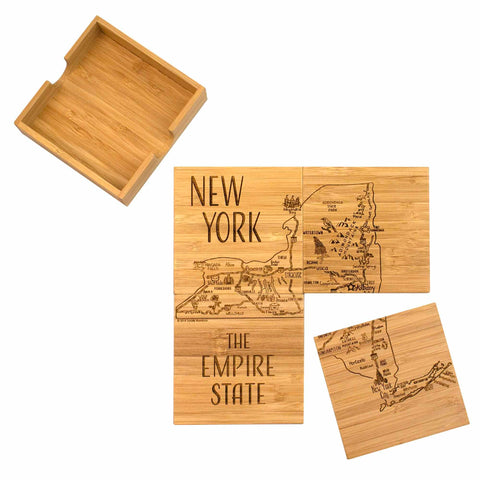 Introducing the Totally Bamboo 4-Piece New York Puzzle Coaster Set with Case, a quartet of coasters showcasing intricately laser-engraved artwork of New York State. When assembled, they create a complete map labeled "New York The Empire State," featuring one coaster tastefully set aside and accompanied by an empty wooden holder.