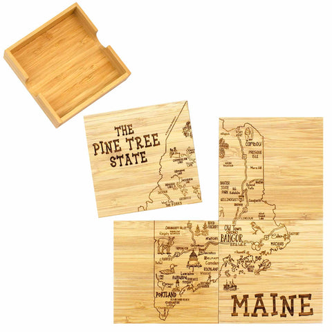 This distinctive 4-piece Maine Puzzle Coaster Set with Case, crafted by Totally Bamboo, features a beautifully laser-engraved map of Maine, highlighting the cities of Bangor and Portland alongside "The Pine Tree State" inscription. Complete with a charming wooden holder, it's an ideal addition to your home.