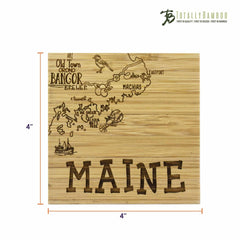 One engraved bamboo coaster with dimensions listed, measures 4 inches by 4 inches