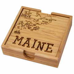 Introducing the Totally Bamboo 4-Piece Maine Puzzle Coaster Set with Case. This exquisite wooden case, adorned with a detailed etched map highlighting Maine's iconic locations such as Bangor and Machias, proudly displays the word "MAINE" prominently engraved on its front. Complemented by intricate laser-engraved artwork, this piece features a pull-out drawer that elegantly stores the unique puzzle coaster set inside.