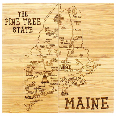 Four square bamboo coasters pushed together to show entire Maine map and attractions artwork engraved across all coasters