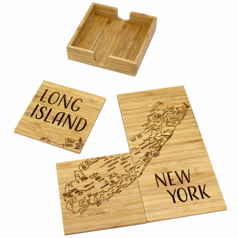 The 4-Piece Long Island Puzzle Coaster Set with Case by Totally Bamboo makes a stunning gift, showcasing laser-engraved artwork of an intricate map of Long Island with the text "LONG ISLAND" and "NEW YORK." The set comprises four coasters that interlock to complete the map, tastefully stored in a wooden holder.