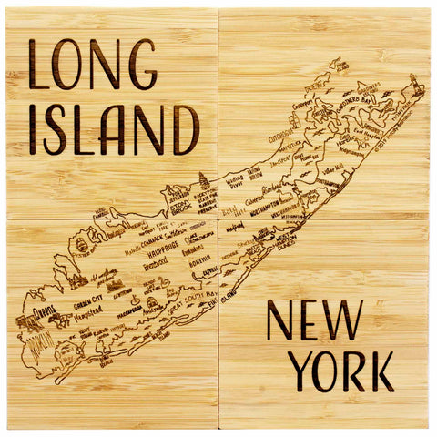 This 4-piece Long Island Puzzle Coaster Set with Case, crafted by Totally Bamboo, showcases laser-engraved details of towns, landmarks, and geographical features across Long Island. Ideal as a gift, this set divides the map into panels that highlight elaborate locations on the island.