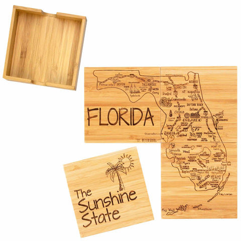 Florida map and attractions artwork engraved across 4 square bamboo coasters with one coaster  and bamboo storage case to the side