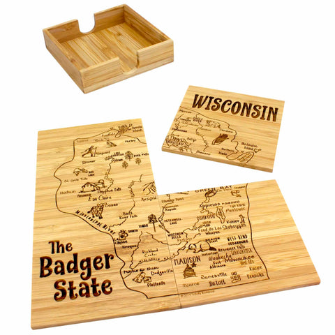 The 4-Piece Wisconsin Puzzle Coaster Set with Case, crafted by Totally Bamboo, is a beautifully designed wooden set showcasing laser-engraved artwork of city names and landmarks from "The Badger State." Each piece fits perfectly into a square bamboo holder, making it an ideal gift set.