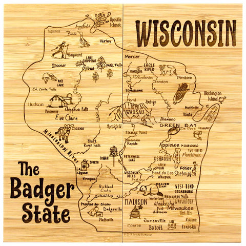 Four square bamboo coasters pushed together to show entire Wisconsin map and attractions artwork engraved across all coasters