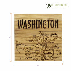 Introducing the Totally Bamboo 4-Piece Washington Puzzle Coaster Set with Case, featuring laser-engraved artwork of a Washington state map. The coasters highlight cities such as Seattle and Bellevue, as well as Mount Rainier, with "WASHINGTON" elegantly engraved at the top. Each unique piece measures 4 inches by 4 inches.