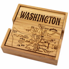 Explore the Totally Bamboo 4-Piece Washington Puzzle Coaster Set with Case, showcasing laser-engraved artwork of Washington state. The set highlights cities including Seattle, Bellevue, and Bellingham, along with natural landmarks like Olympic National Park. The word "WASHINGTON" is prominently featured in this distinctive coaster set.