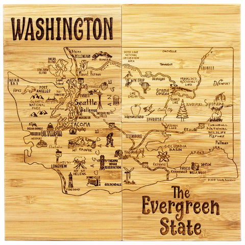 Discover the Totally Bamboo "4-Piece Washington Puzzle Coaster Set with Case," featuring laser-engraved artwork of Washington state, fondly known as "The Evergreen State." This illustrated map highlights key cities such as Seattle, Olympia, and Spokane, alongside detailed depictions of rivers and forests. It's an ideal addition to your collection or a unique coaster set for any occasion.