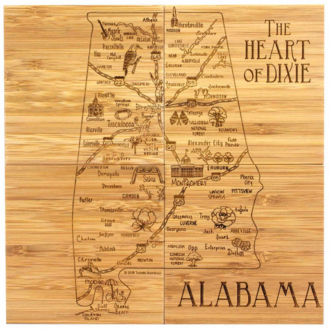 Introducing the 4-Piece Alabama Puzzle Coaster Set with Case by Totally Bamboo. Each coaster is beautifully laser-engraved with cities, landmarks, and symbols of "The Heart of Dixie." This distinctive set makes a thoughtful gift for anyone who appreciates intricate designs that celebrate Alabama's rich heritage.