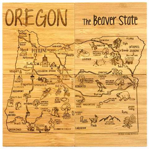 The "4-Piece Oregon Puzzle Coaster Set with Case" by Totally Bamboo is a beautifully illustrated wooden map of Oregon, labeled "The Beaver State," highlighting cities such as Portland, Salem, and Eugene. Decorated with images of local wildlife and landmarks, this artistic piece is crafted in a style similar to a laser-engraved coaster set.