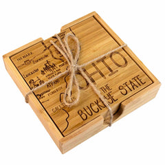 Engraved bamboo coasters inside bamboo storage case