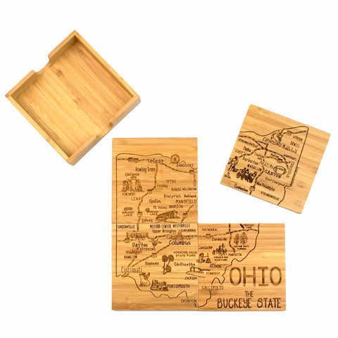 Discover the Totally Bamboo 4-Piece Ohio Puzzle Coaster Set, featuring laser-engraved maps that highlight cities and landmarks across Ohio. These coasters fit together seamlessly, and lifting one reveals the intricate design. They come with a stylish wooden case for elegant storage.