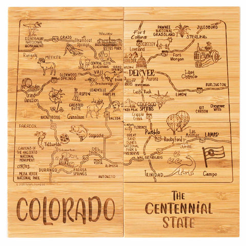 The Totally Bamboo 4-Piece Colorado Puzzle Coaster Set with Case features a beautifully crafted wooden design, elegantly engraved with a map of Colorado showcasing its cities, landmarks, and wildlife illustrations. The laser-engraved words "Colorado" and "The Centennial State" add a unique touch at the bottom.