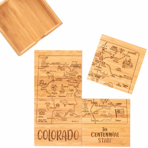 Discover the 4-Piece Colorado Puzzle Coaster Set with Case by Totally Bamboo, featuring laser-engraved designs of Colorado maps. Each coaster highlights different regions and notable landmarks such as Denver and Alamosa, along with beautiful wildlife illustrations. One coaster proudly displays the text "Colorado The Centennial State.