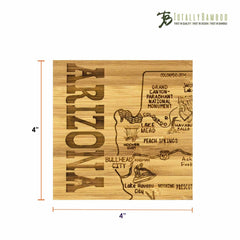 Presenting the 4-Piece Arizona Puzzle Coaster Set with Case by Totally Bamboo, each laser-engraved bamboo coaster displays an intricate map of Arizona. Spot iconic landmarks such as the Grand Canyon, Prescott, and Lake Havasu City, while "ARIZONA" is prominently featured on the left side. Measuring 4x4 inches, this distinctive set adds charm to any space.