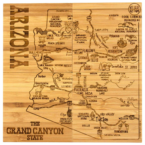 Introducing the 4-Piece Arizona Puzzle Coaster Set with Case by Totally Bamboo: a laser-engraved wooden map of Arizona titled "The Grand Canyon State." It highlights major cities, landmarks, and attractions such as Grand Canyon National Park, Flagstaff, Phoenix, and Tucson. This unique piece functions both as a delightful coaster set and an engaging state puzzle for enthusiasts.