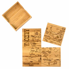 The 4-Piece Arizona Puzzle Coaster Set with Case by Totally Bamboo showcases exclusive laser-engraved maps of Arizona and highlights landmarks, cities, and its "Grand Canyon State" nickname. One coaster even features the Four Corners detail. The set includes a wooden storage box for convenient organization.