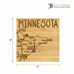 This laser-engraved 4-Piece Minnesota Puzzle Coaster Set features a wooden coaster depicting a map of Minnesota, highlighting landmarks such as Voyageurs National Park, Grand Portage, and Duluth. It includes the Totally Bamboo logo and measures 4 inches by 4 inches—an excellent choice for unique coaster gifts.