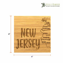 The 4-Piece New Jersey Puzzle Coaster Set with Case by Totally Bamboo features a laser-engraved wooden coaster displaying the silhouette of New Jersey, accentuated with towns such as Hackettstown and Belvidere. "New Jersey" is intricately carved at the center, making it an ideal choice for unique gifts or as part of a puzzle coaster collection. Each coaster measures 4" x 4".