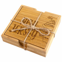 This distinctive gift, the 4-Piece New Jersey Puzzle Coaster Set with Case by Totally Bamboo, includes laser-engraved coasters tied with twine. Each coaster displays an outline of New Jersey along with towns such as Flemington and Blairstown, while "Jersey" stands out on the top piece.