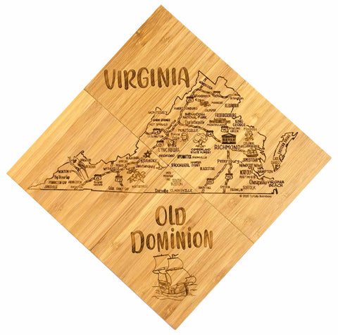 This laser-engraved wooden map of Virginia, known as "Old Dominion," showcases intricate details of cities, towns, and geographical features. A charming illustration of a sailing ship adorns the bottom. It's an ideal choice for those looking for unique gifts or a distinctive 4-Piece Virginia Puzzle Coaster Set with Case by Totally Bamboo.