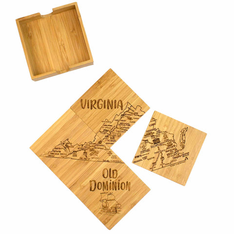 The Totally Bamboo 4-Piece Virginia Puzzle Coaster Set with Case makes a fantastic gift, including four wooden coasters each showcasing Virginia's map and "Old Dominion" laser-engraved on them. One coaster features a ship, and they are partially arranged in a diamond shape, complete with an elegant wooden holder.