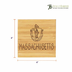 This 4x4 inch bamboo coaster from the Totally Bamboo 4-Piece Massachusetts Puzzle Coaster Set with Case showcases the Massachusetts state emblem and "Massachusetts" elegantly laser-engraved. The top right corner features the iconic Totally Bamboo logo, making it a unique addition to any State Puzzle Coaster collection.