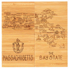 Four square bamboo coasters pushed together to show entire Massachusetts map and attractions artwork engraved across all coasters