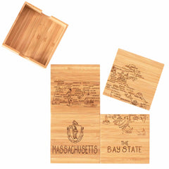 The Totally Bamboo 4-Piece Massachusetts Puzzle Coaster Set with Case showcases laser-engraved artwork of maps, the word "Massachusetts," a state outline, and "The Bay State" text. These distinctive coasters are accompanied by a wooden box for storage, making them an ideal collection.