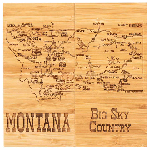 Four square bamboo coasters pushed together to show entire Montana map and attractions artwork engraved across all coasters