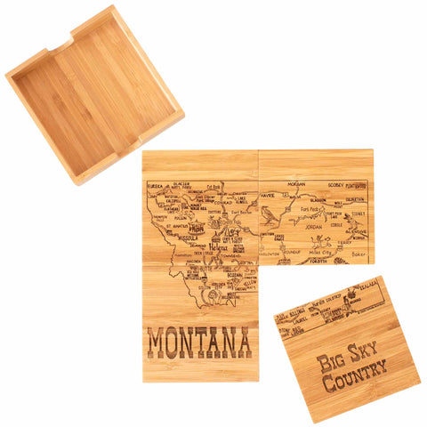 Introducing the 4-Piece Montana Puzzle Coaster Set with Case by Totally Bamboo, this laser-engraved treasure features a map of Montana adorned with city names and landmarks. Each piece is intricately etched with "Montana" and "Big Sky Country." Complete with a wooden storage box, it makes a truly unique gift for puzzle enthusiasts.