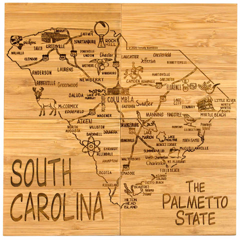 Discover the illustrated wooden map of South Carolina, highlighting its cities, landmarks, and local wildlife—a unique gift idea. This map showcases a sailboat, a golf scene, and a beach umbrella, with the text "South Carolina The Palmetto State." For any occasion, it pairs beautifully with Totally Bamboo's 4-Piece South Carolina Puzzle Coaster Set with Case.