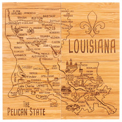 Introducing the 4-Piece Louisiana Puzzle Coaster Set with Case by Totally Bamboo, a wooden map of Louisiana intricately laser-engraved to showcase city names, highways, and notable bodies of water. It features an iconic large fleur-de-lis along with the labels "Louisiana" and "The Pelican State," making it a distinctive addition for your collection or a captivating piece from the State Puzzle Coaster series.