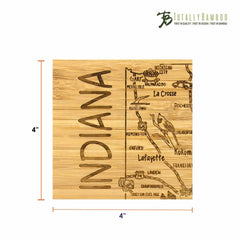 This commendable bamboo coaster, a component of the 4-Piece Indiana Puzzle Coaster Set with Case by Totally Bamboo, showcases a laser-engraved design that highlights "INDIANA" along with a map featuring La Crosse, Lafayette, and Kokomo. Measuring 4 by 4 inches, it is adorned with the Totally Bamboo logo in the top right corner.