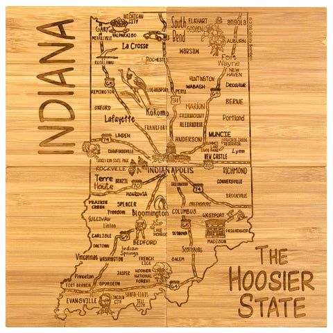 The 4-Piece Indiana Puzzle Coaster Set with Case by Totally Bamboo features laser-engraved city maps, highways, and notable landmarks of Indiana. The set includes detailed illustrations of rivers and points of interest, plus the text "INDIANA" and "THE HOOSIER STATE," making it an ideal gift.