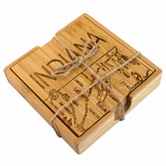 Totally Bamboo's 4-Piece Indiana Puzzle Coaster Set with Case is a unique gift that features a laser-engraved map of Indiana, complete with the word "INDIANA" and details of various cities and roads, making it a perfect addition to any Indiana lover's coffee table. The set is elegantly tied with twine for an added touch.