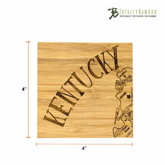 The 4-Piece Kentucky Puzzle Coaster Set with Case by Totally Bamboo features square bamboo coasters laser-engraved diagonally with "Kentucky" and etched designs of Louisville landmarks, bourbon, and fried chicken. Each coaster has the "Totally Bamboo" logo at the top right and measures 4 inches by 4 inches, making it a perfect addition to add local charm to your table.