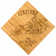 The 4-Piece Kentucky Puzzle Coaster Set with Case from Totally Bamboo features intricately engraved wooden pieces shaped like the state of Kentucky, highlighting cities and landmarks. This unique set serves as both a map and a coaster, displaying notable locations with "Kentucky" and "The Bluegrass State" elegantly laser-engraved on square panels.