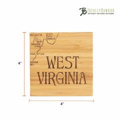 This distinctive gift from Totally Bamboo is a square bamboo coaster, prominently laser-engraved with "West Virginia" and featuring a detailed map highlighting Helvetia, Seneca Rocks, Franklin, and more. Measuring 4x4 inches, it is part of the 4-Piece West Virginia Puzzle Coaster Set with Case.