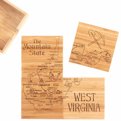 The 4-Piece West Virginia Puzzle Coaster Set with Case by Totally Bamboo features laser-engraved bamboo coasters showcasing a map of West Virginia, labeled cities, "The Mountain State," and crossed pickaxes. A wooden box is revealed in one corner of a coaster. This set offers distinctive coaster gifts for any occasion.