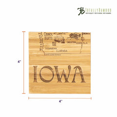 Introducing the 4-Piece Iowa Puzzle Coaster Set with Case by Totally Bamboo, featuring a distinctive wooden coaster laser-engraved with a detailed map of Iowa. It highlights cities like Council Bluffs, Red Oak, and Clarinda, and prominently displays "IOWA" at the bottom. Measuring 4x4 inches, each coaster is adorned with the Totally Bamboo logo at the top.