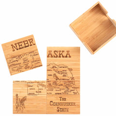 This 4-Piece Nebraska Puzzle Coaster Set with Case by Totally Bamboo features beautifully laser-engraved wooden coasters, each displaying unique Nebraska-themed designs. With a detailed state map labeled "The Cornhusker State" and iconic symbols, these coasters fit together like a state puzzle. A perfect homage to Nebraska in every sip!