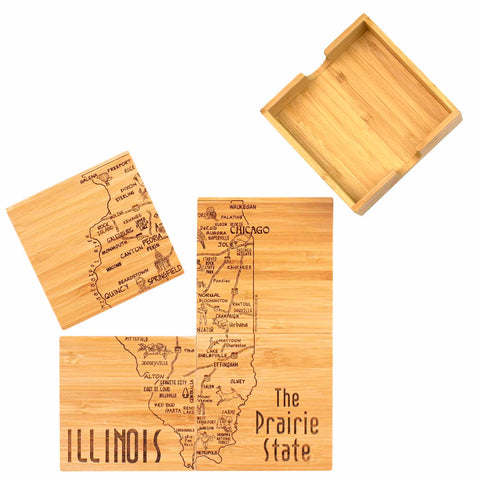 This Illinois Puzzle Coaster Set by Totally Bamboo makes an excellent gift, featuring four coasters laser-engraved with a detailed map of Illinois, labeled "The Prairie State." It highlights city names such as Chicago and Springfield and includes a handy wooden case for storage.