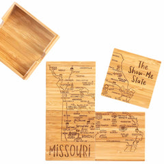 Introducing the Totally Bamboo 4-Piece Missouri Puzzle Coaster Set with Case: a collection of uniquely laser-engraved wooden coasters showcasing maps of Missouri's major cities and landmarks, aptly labeled "The Show-Me State," all stored in a stylish wooden holder.