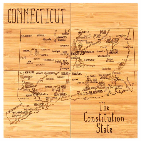 A wooden cutting board with a laser-engraved map of Connecticut, highlighting towns such as Hartford, New Haven, and Stamford. It is decorated with trees and landmarks and includes the words "CONNECTICUT" and "The Constitution State." Complete your state-themed kitchen collection by pairing it with our Totally Bamboo 4-Piece Connecticut Puzzle Coaster Set with Case.