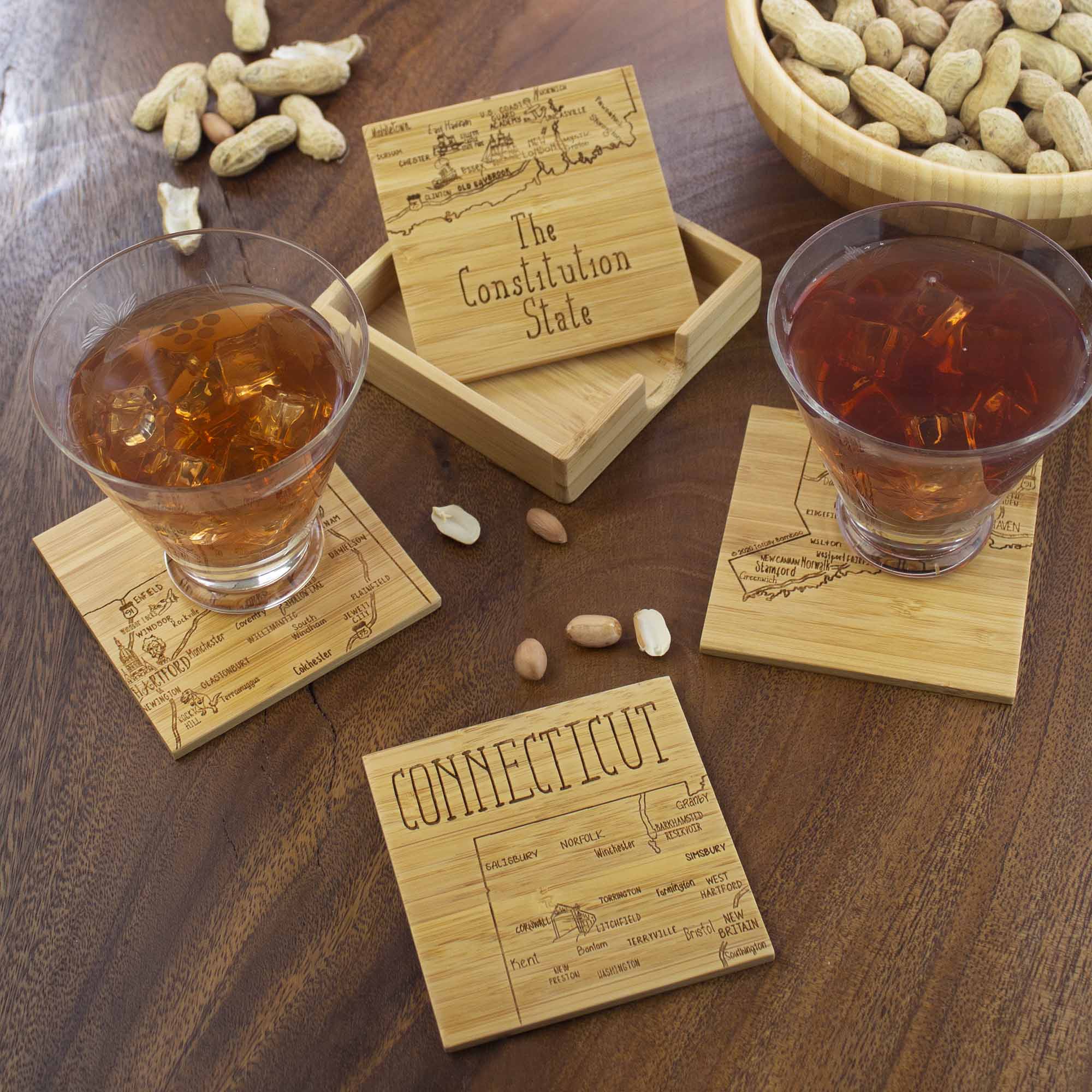 4Piece Connecticut Puzzle Coaster Set with Case Totally Bamboo